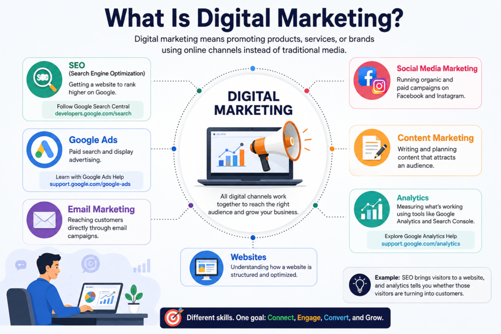 What is digital marketing infographic showing SEO, Google Ads, social media marketing, content marketing, email marketing, analytics, and websites
