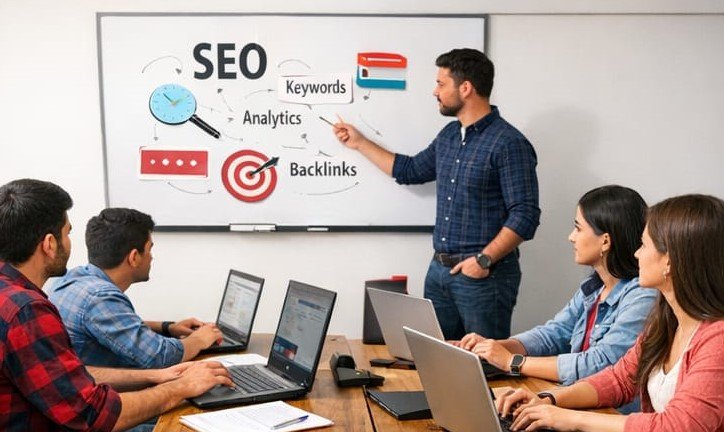 students learning SEO in digital marketing course